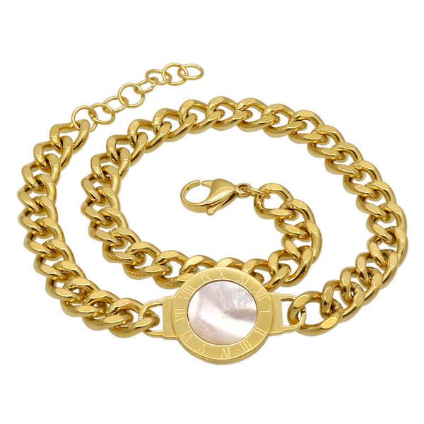 

stainless steel double-layer chain round shell roman digital bracelet men's and women's bracelet steel white shell bracelet, Black