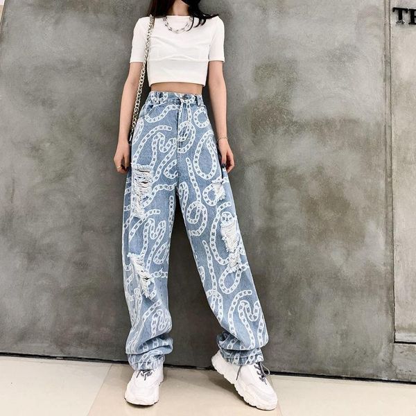 

woman hole jeans 2021 summer high waist fashion chain print streetwear denim straight pants hiphop ripped for women loose1, Blue