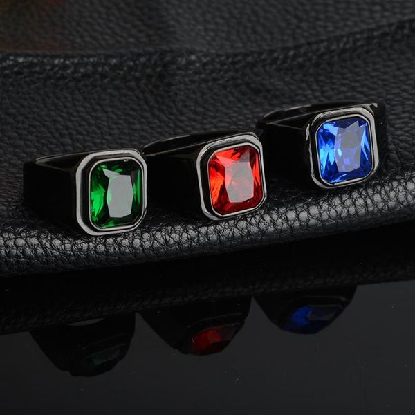 

not fade stainless steel gold color black casual men ring red square cz stone male alliance jewelry size 6-13 drop cluster rings, Golden;silver