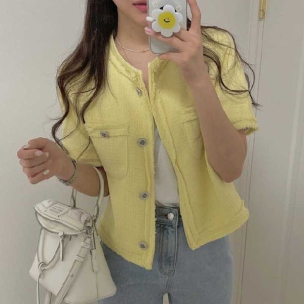 

summer women small fragrance tweed short sleeve outerwear chic single breasted korean casual jacket coat female 210526, Black;brown