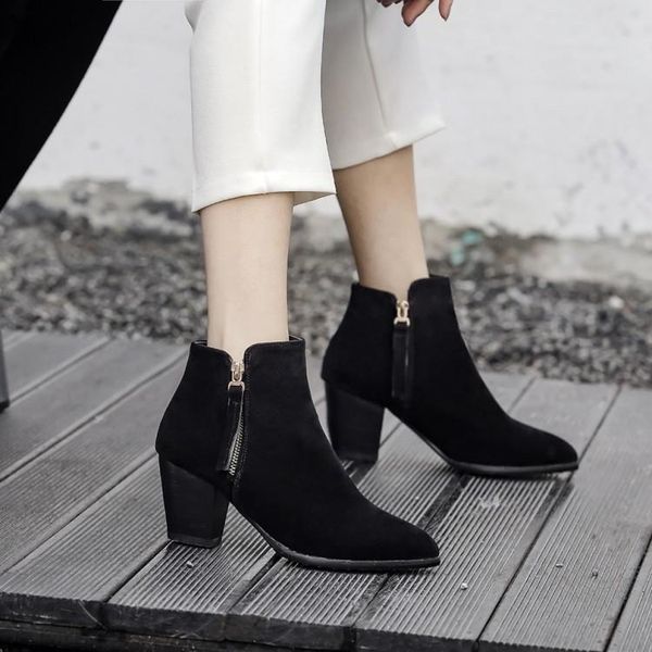 

boots oversized -15 women shoes ankle for ladies woman winter thick heel side zipper pendant, Black