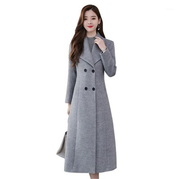 

women's wool & blends women long coat winter woolen black grey elegant office lady slim simple double-breasted jackets korean fashion o