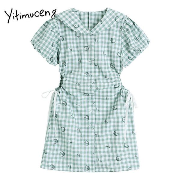 Yitimuceng xadrez vestidos mulheres verão oco out alta cintura manga sleeve marinheiro colar de moda verde vestido doce 210601