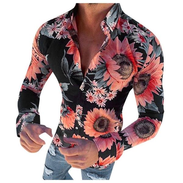 

camisa masculina hawaiian shirt men causal floral printed long sleeve fit slim flower streetwear blouse men's casual shirts, White;black