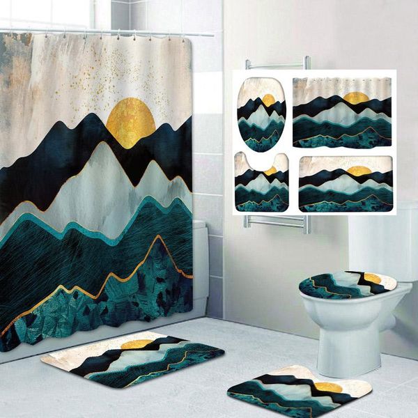 

mountain scenery shower curtain set carpet toilet cover bath mat sets bathroom waterproof with 12 hooks home deco curtains