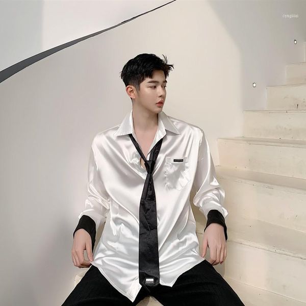 

men silky material college style tie retro fashion casual long sleeve shirts male streetwear vintage loose dress shirts1, White;black
