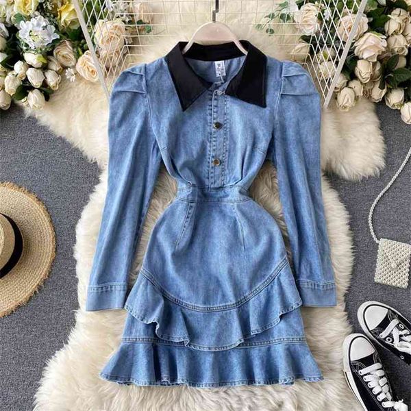 

korea autumn lapel double ruffle retro mini dress women fashion long puff sleeve denim elegant vestidos n852 210527, Black;gray
