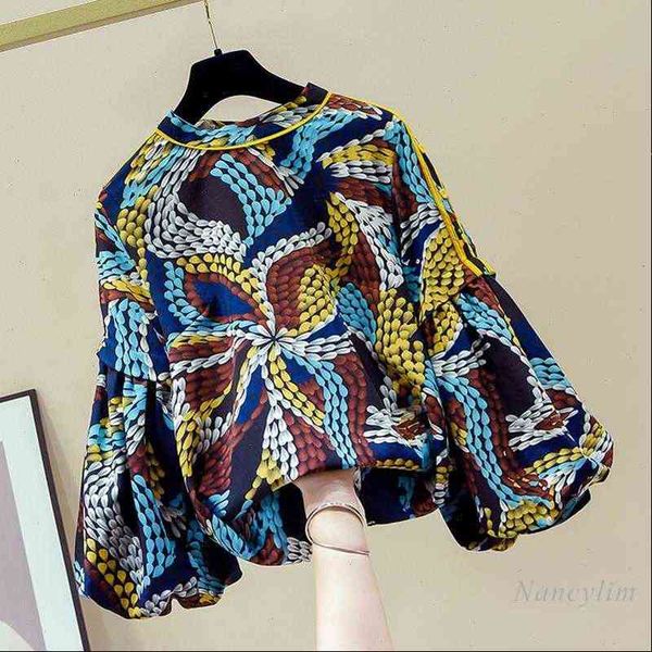 

womens shirts blusas mujer de moda long lantern sleeve chiffon shirt autumn clothes female print blouses, White