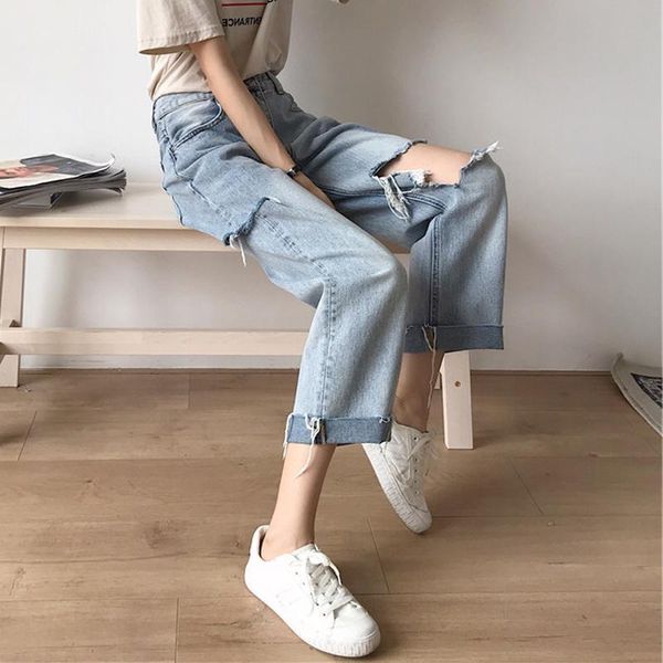 

women's jeans ripped for women spring and autumn loose high waist drooping slimming straight wide-leg pants fashion summer, Blue