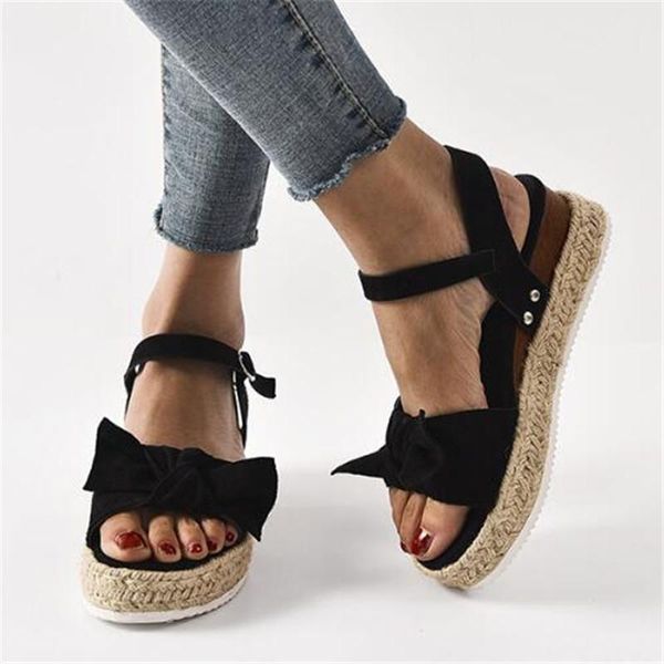 

women sandals flock buckle strap 7cm wedges high heels round toe butterfly-knot shallow sandal for shoes size 36-44 black