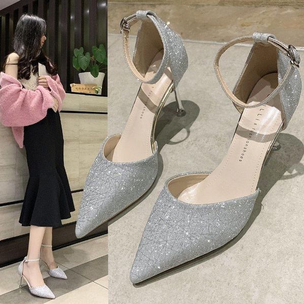 

summer fashion single shoes stiletto heel buckle belt pointed toe women's ankle strap high-heeled dress, Black