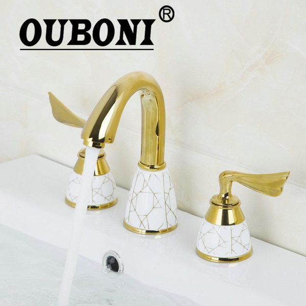 

bathroom sink faucets ouboni luxury golden 3 pieces double handles deck mounted bathtub torneira basin brass faucet mixer taps