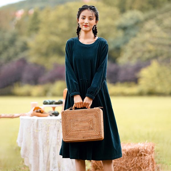 

johnature women vintage corduroy dresses solid color elegant autumn clothes o-neck long sleeve a-line women dresses 210521, Black;gray