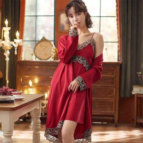 

women's sleepwear hollow out women satin lace kimono robe gown suit bridal wedding morning nightwear rayon 2pcs summer sleep, Black;red