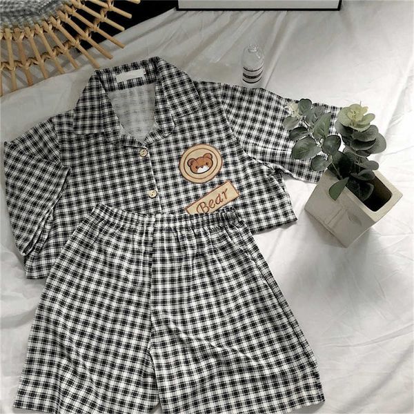 Pijama japonês para mulheres verão faculdade estilo pijama bonito desenho animado urso xadrez plaid lapel pijamas plus tamanho 2 peças sets casa terno 210619