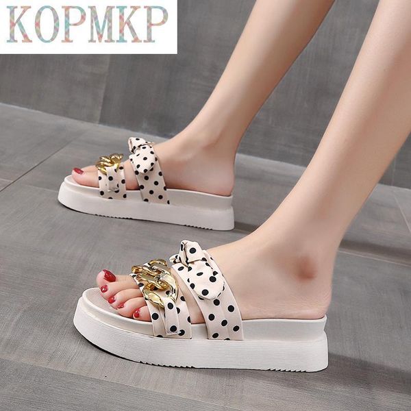 

sandals big size 35-40 soft thick sole slipper metal chain open round toe casual slides summer sandal flat heel zapatillas mujer casa, Black