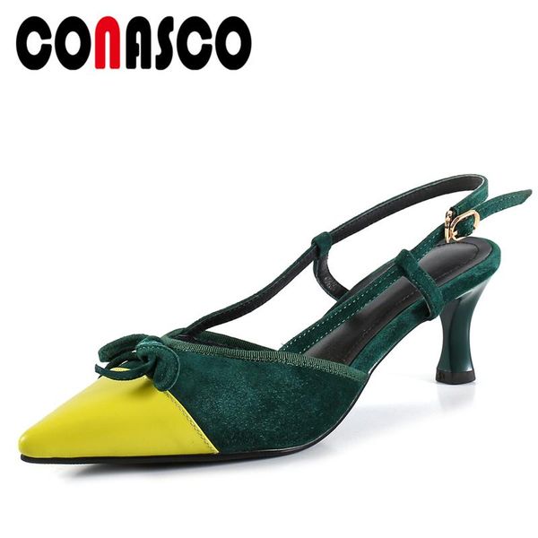 

dress shoes conasco 2021 summer fashion concise casual women cow leather sandals pumps mixed colors butterfly-knot high heels woman, Black