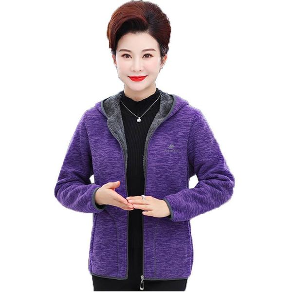 

women's jackets middle aged coat spring autumn 2021 mother thicken fleece hooded outerwear zipper jacket, Black;brown