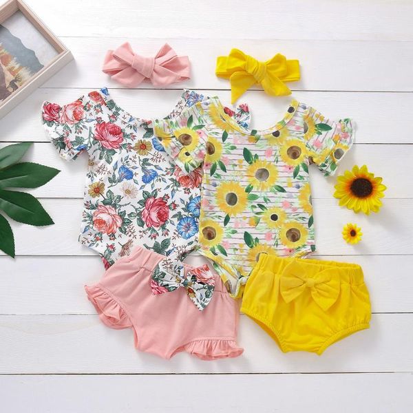 

clothing sets summer infant baby girls clothes floral sunflower romper bodysuit shorts headbands outfits children's casual, White