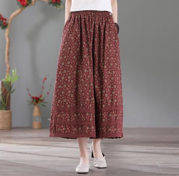 

skirts print vintage floral women skirt lace a line cotton linen 2021 spring summer elastic waist pockets female yoyikamomo, Black