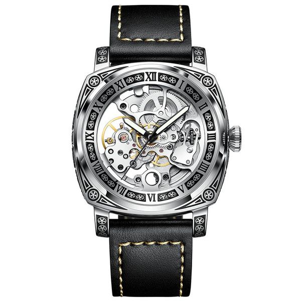 

wristwatches 2021 official website men's watch brand large dial mechanical fully automatic hollow personality fashion carved, Slivery;brown