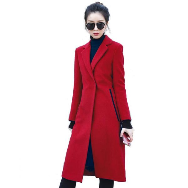 

women's wool & blends woolen coat red black turn-down collar full long solid