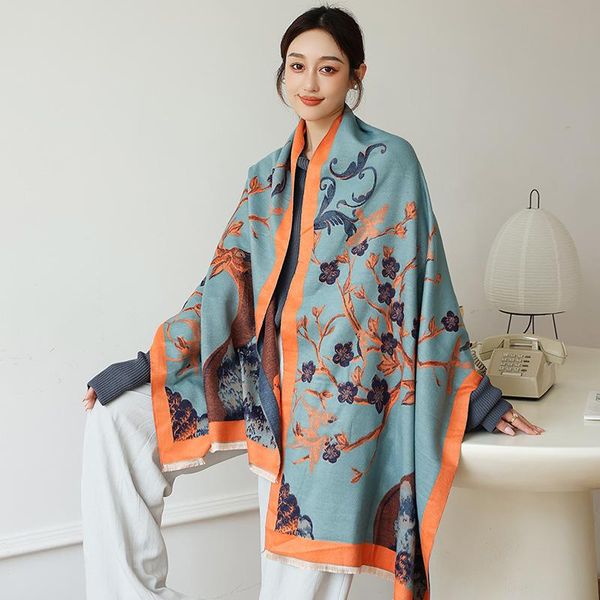 

scarves imitate cashmere long scarf vintage flower tree shawl winter warm big blanket stole 185*65cm, Blue;gray