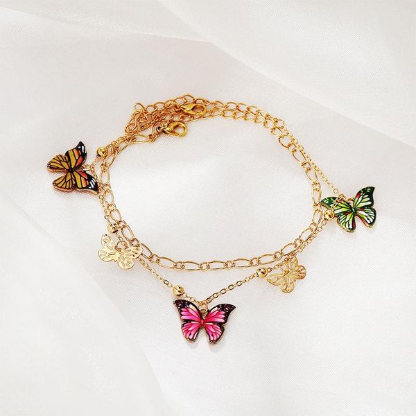 

anklets charm double layer foot chain for women multicolor butterfly pendant anklet barefoot on leg retro party jewelry gifts, Red;blue