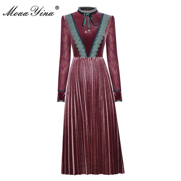 

fashion designer dress autumn women's dress lace long sleeve patchwork elegant velvet pleated dresses 210524, Black;gray