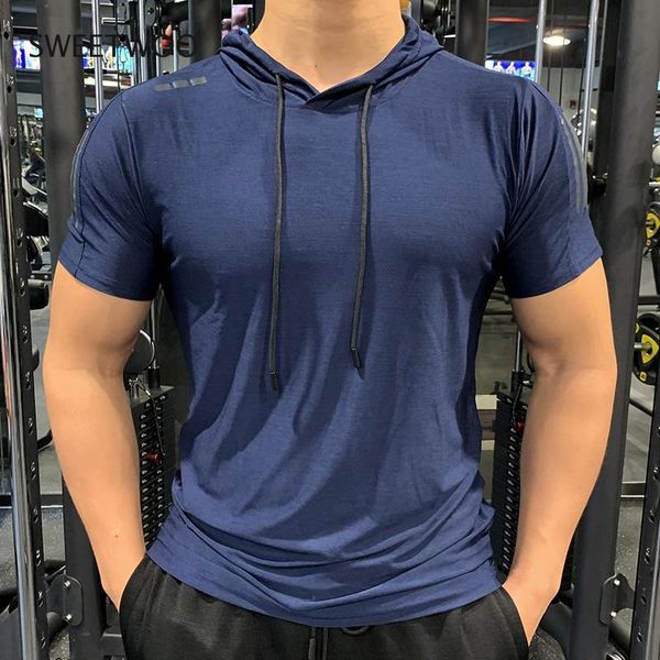 

sport hooded running men t shirt fitness slim high elasticity breathable quick dry bodybuilding mens tshirt tee jerseys, Black;blue