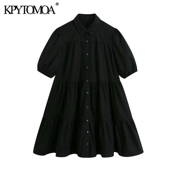 

women chic fashion button-up ruffled mini dress vintage lapel collar puff sleeve female dresses vestidos mujer 210420, Black;gray