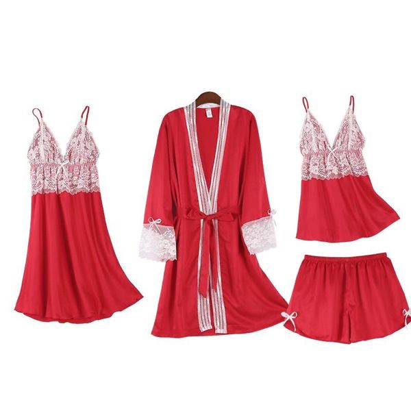 

women lace floral trim robe sets v-neck nightgown nightdress bride dressing gown kimono bathrobe lingerie summer home wear women's slee, Black;red