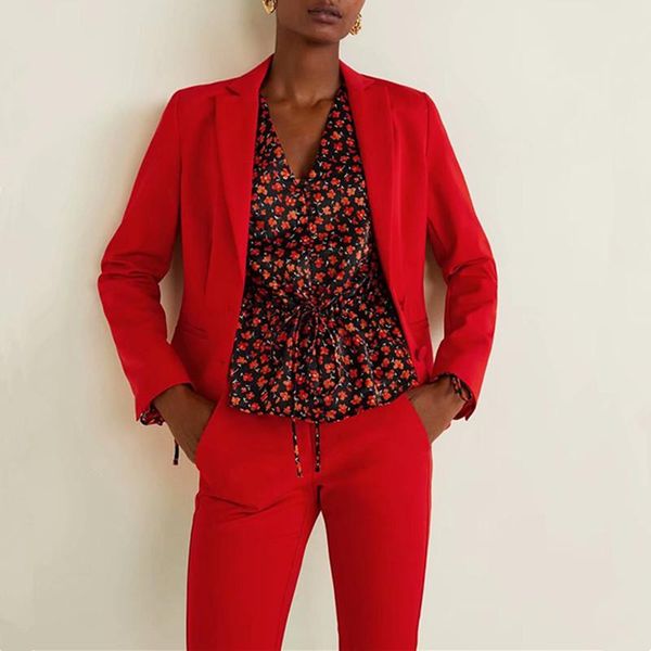 

office lady pants suit women's single breasted long sleeve short blazer coat & zipper trousers two piece set red costume femme, White
