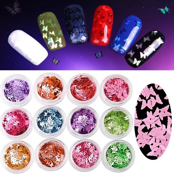 

12pots/set butterfly flakes shiny nail art decorations sticker 3d laser flashsequins diy decorations1, Silver;gold