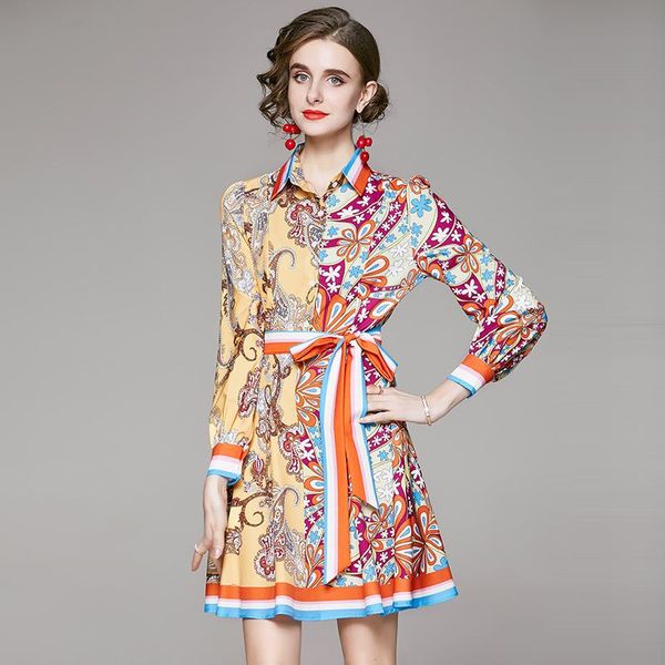 

casual dresses 2021 autumn elegant temperament vestidos women's lapel long-sleeved contrast printed mini dress with belt df484, Black;gray