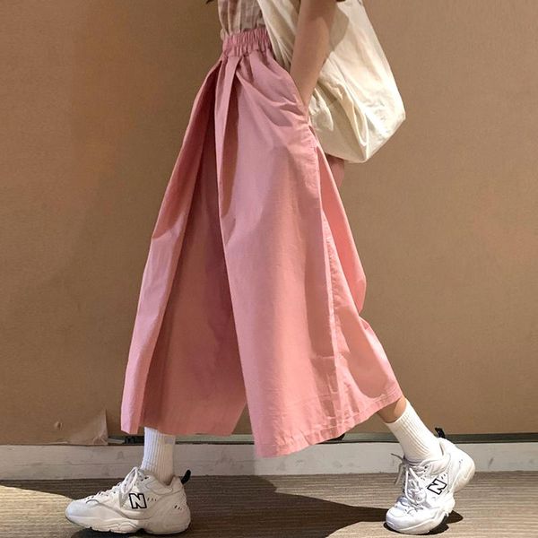 

women's pants & capris [ewq] 2021 summer japanese style high waist elastic pink casual wide leg fashion trend all-amtch trousers qv2031, Black;white