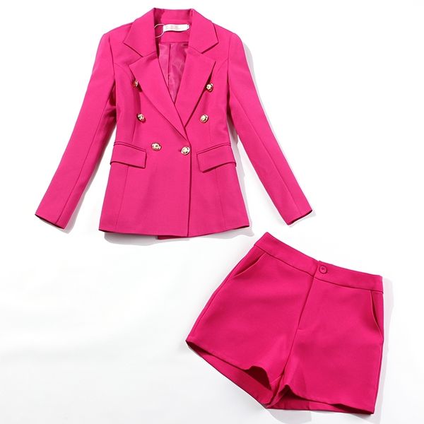 Herbst Damen Büroanzüge Hosenanzug Temperament Slim Zweireiher Rose Red Jacke Anzug Weibliche Casual Shorts Zweiteilige Sets 210527