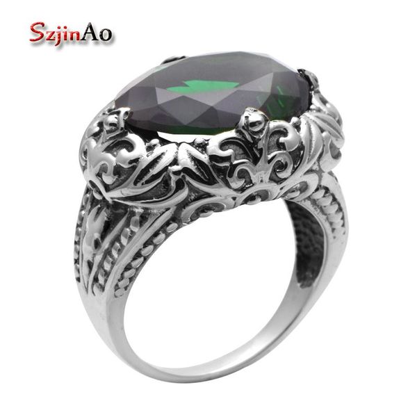 

cluster rings szjinao wholesale custom green stone emerald jewelry fashion genuine 925 sterling silver for women, Golden;silver