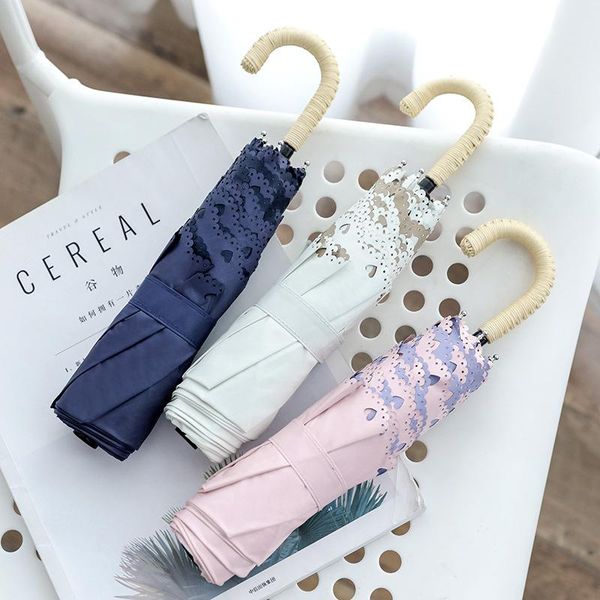 

umbrellas ultra-light three-fold hook handle umbrella rain and sun dual-purpose parasol simple fashion small fresh ladies