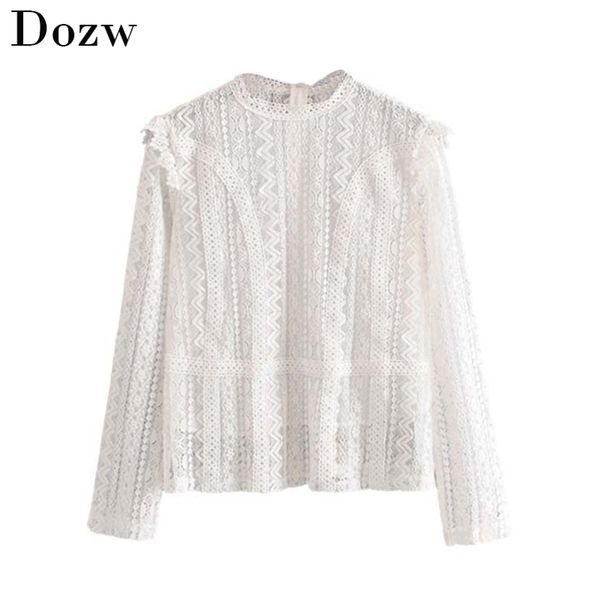 

white embroidery lace women blouse fashion solid hollow out female shirt elegant ladies long sleeve tunic blusas 210515