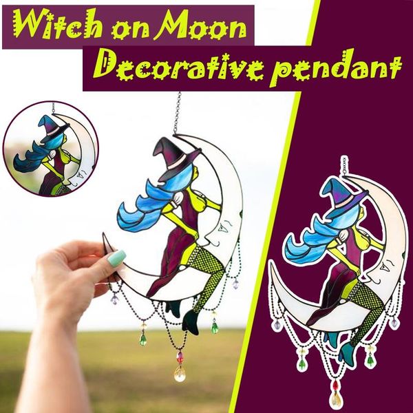 

decorative objects & figurines hangings stained glass halloween witch on moon decor suncatcher window outdoor wall art home decoration