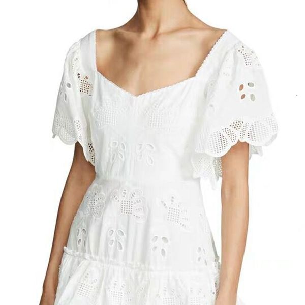 

a line v neck high-end runway party women summer sweet ruffle white hollow out lace short sleeve cotton dress, White;black