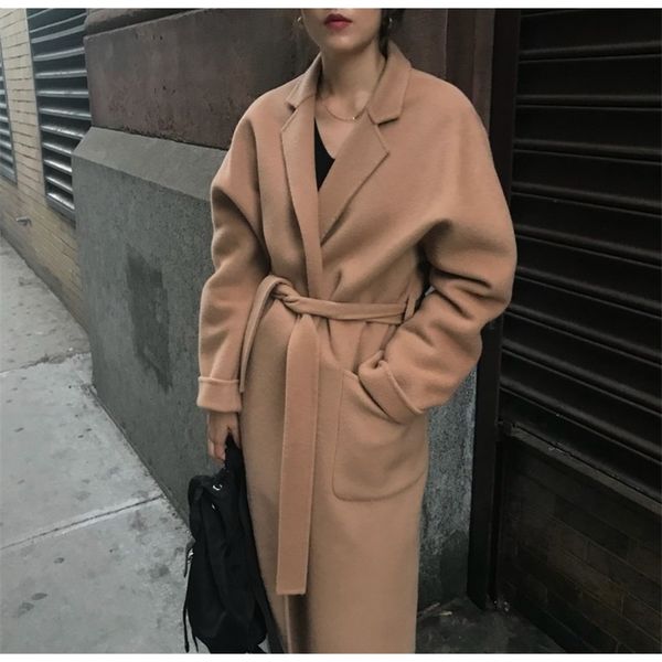 

women long wool coat fashion korean turn down collar with belt bandage woolen coats ladies elegant spring autumn outwear 210602, Black