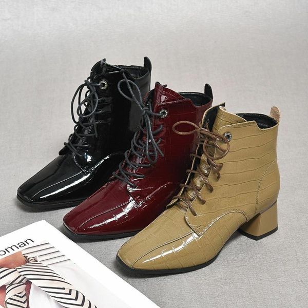 

boots cowhide short square toe patent leather pattern female thick heel autumn and winter plus velvet with laces, Black