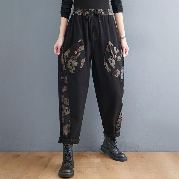 

women's jeans arrival 2021 spring autumn arts style women elastic waist loose black patchwork print cotton denim harem pants v485, Blue