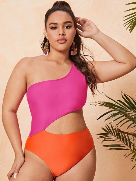 

plus color block one shoulder one piece swimsuit 356m#, Black