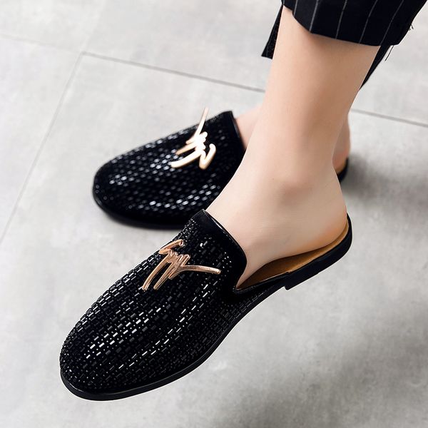 

loafers glitter mules half shoes for men casual designer shoes men slippers luxury slides with drilling leather shoes for men, Black