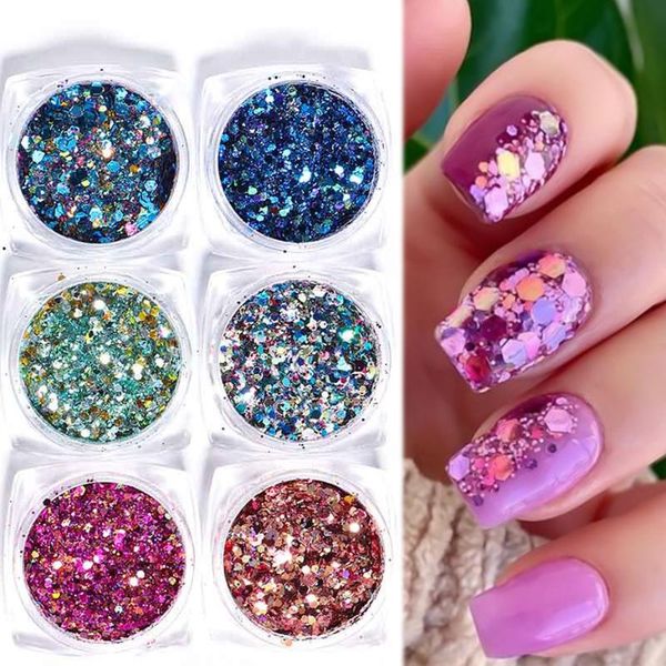

6pcs hexagonal nail art glitter powder sequins holographic chameleon sparkling mirror pigment flakes decoration nl1539-34, Silver;gold