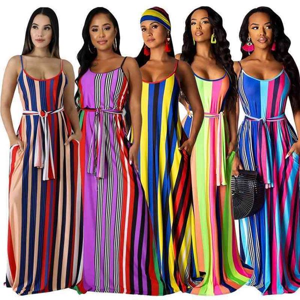 

2021 summer new sling bow tie pocket sleeveless backless striped loose seaside party long wholesale dropshpping avpv, Black;gray