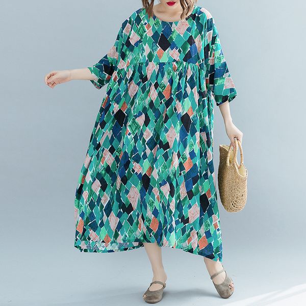 

johnature casual loose summer dress half print mid-calf regular long dress natural o-neck cotton women dress 210521, Black;gray